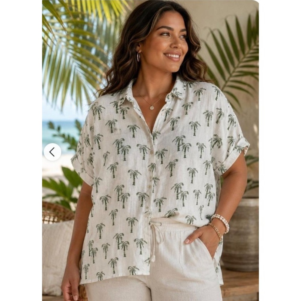 C&C California Womens Size XL Short Sleeve Button Down Top White Palm Tree Linen